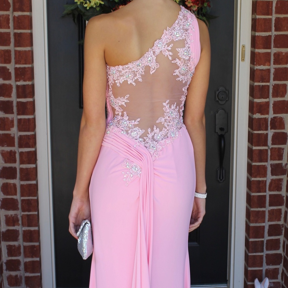 Tony Bowls Pink Gown/ Prom Dress Sz 0-2 Open Mesh Back, Floral Lace, Rhinestones